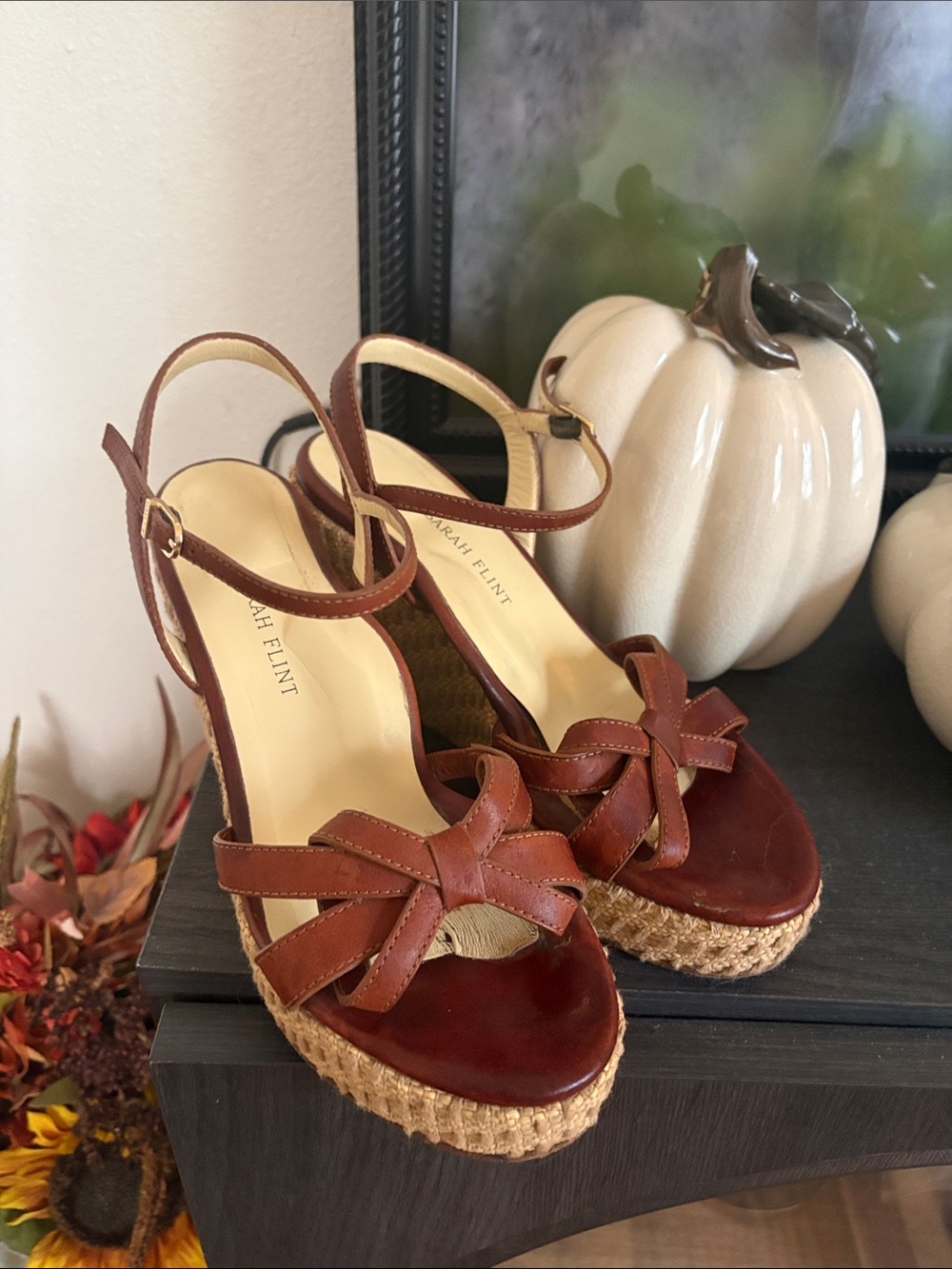 Sarah Flint Chestnut Brown Leather Wedge Sandals with Ankle Strap